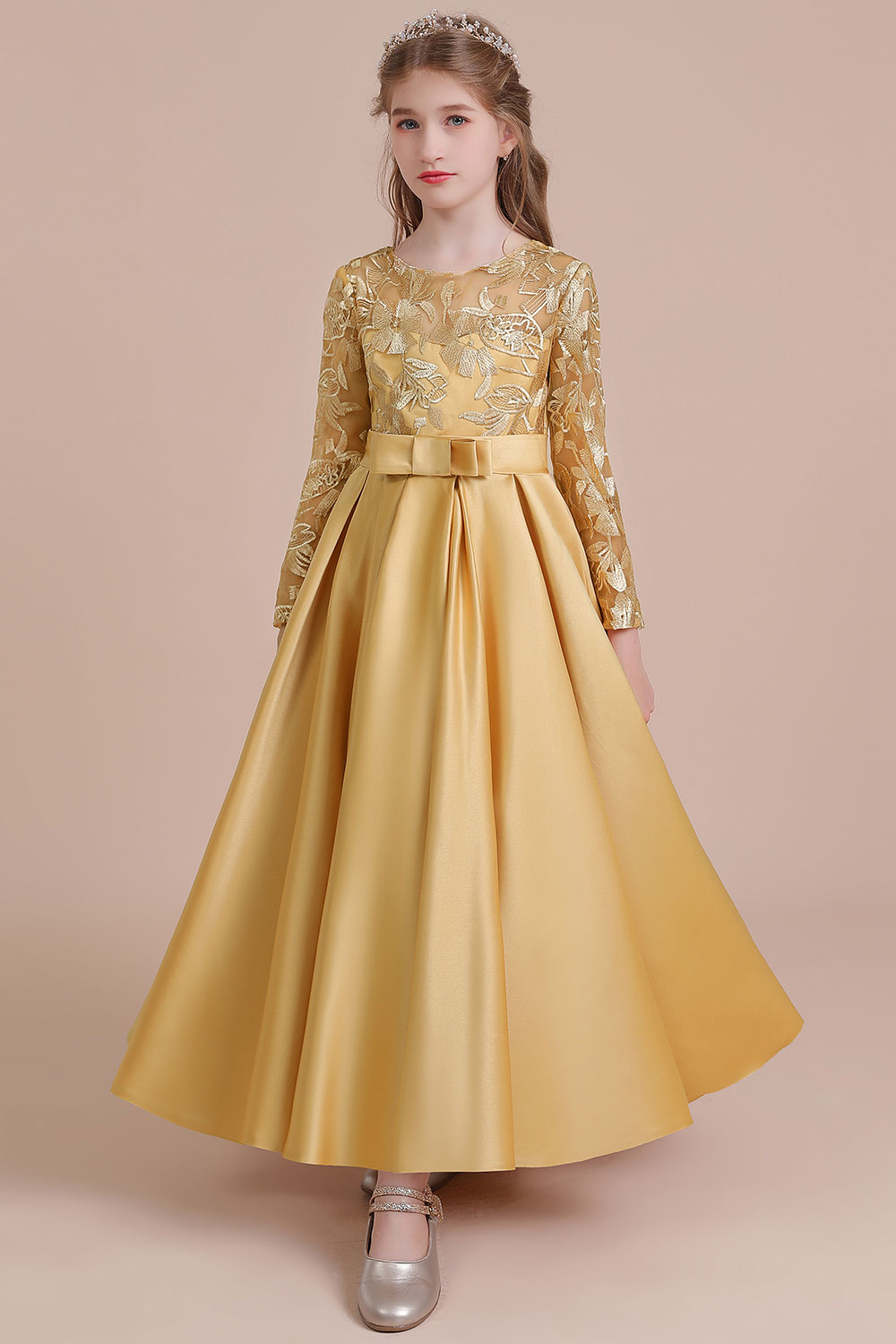 Ankle Length Flower Girl Dress for Weddings| Long Sleeve Satin Little Girls Dress-newarrivaldress