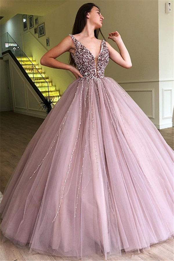 Tulle Beading Deep-V-Neck Straps Sleeveless Prom Dress-newarrivaldress