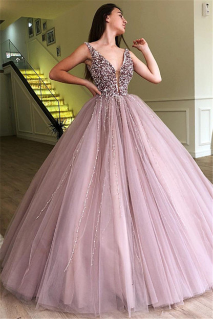 Tulle Beading Deep-V-Neck Straps Sleeveless Prom Dress-newarrivaldress