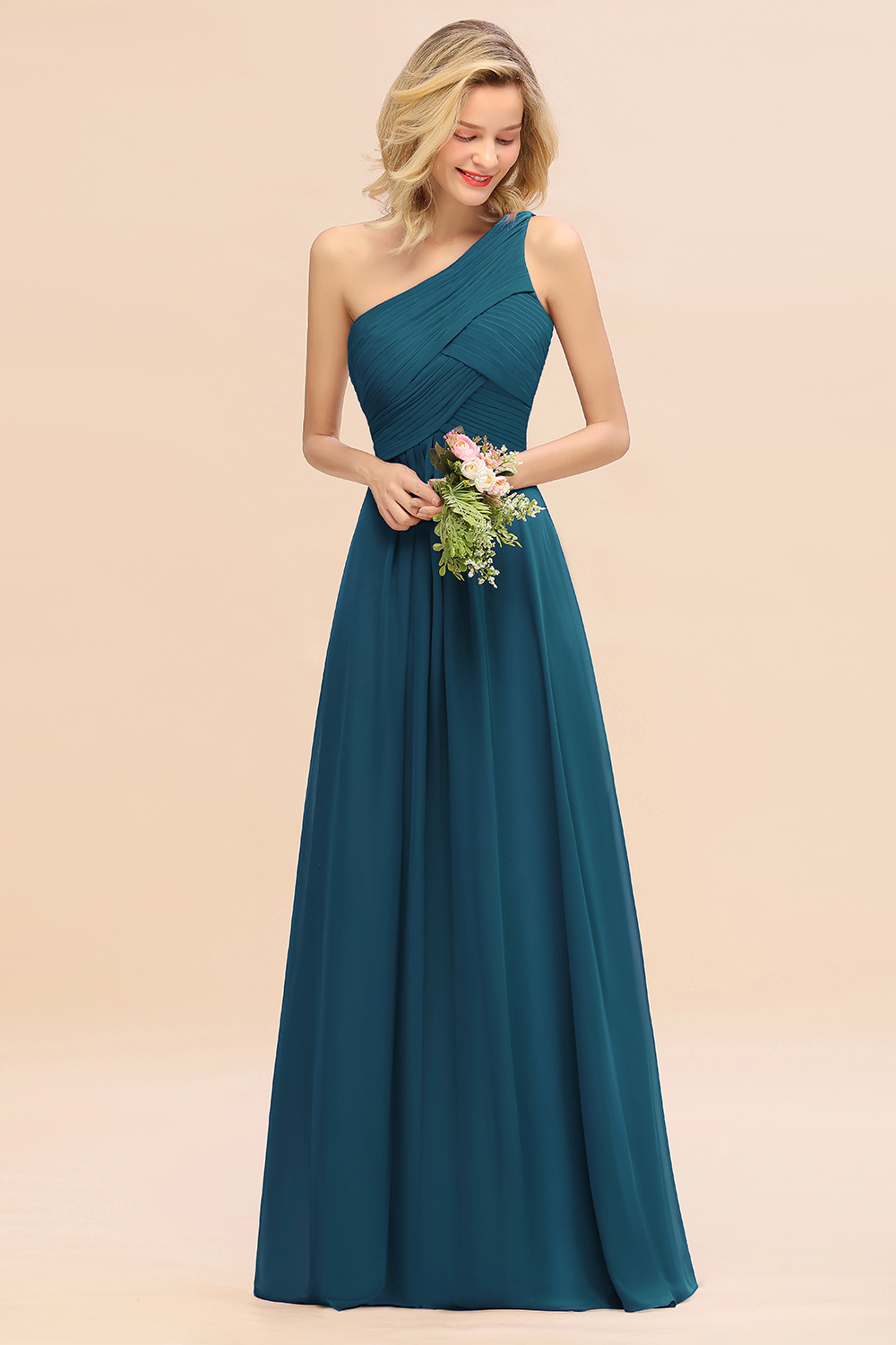 Elegant Ruched Chiffon One Shoulder Bridesmaid Dress Long Sleeveless Evening Dress-newarrivaldress
