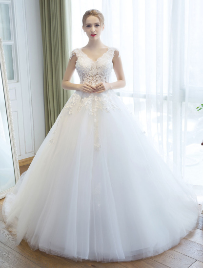 Wedding Dresses Princess Ball Gown Ivory Bridal Gown V Neck Illusion Backless Lace Applique Tulle Bridal Dress With Train-newarrivaldress