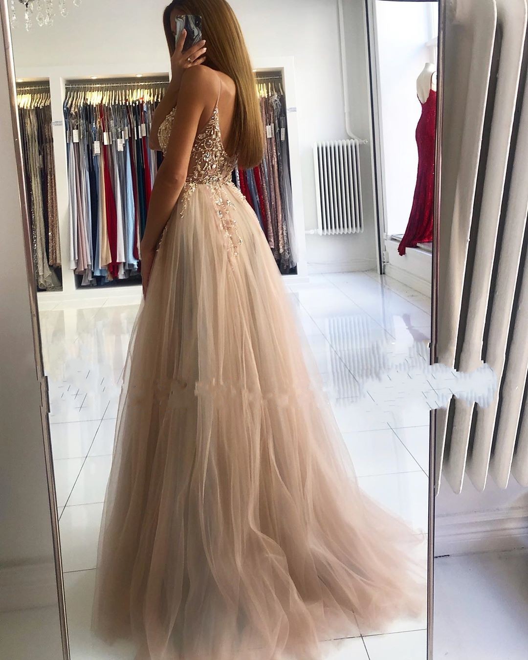 Stunning Spaghetti Straps Tulle Long Evening Dress with Beadings Pearls V-Neck Party Dress-newarrivaldress