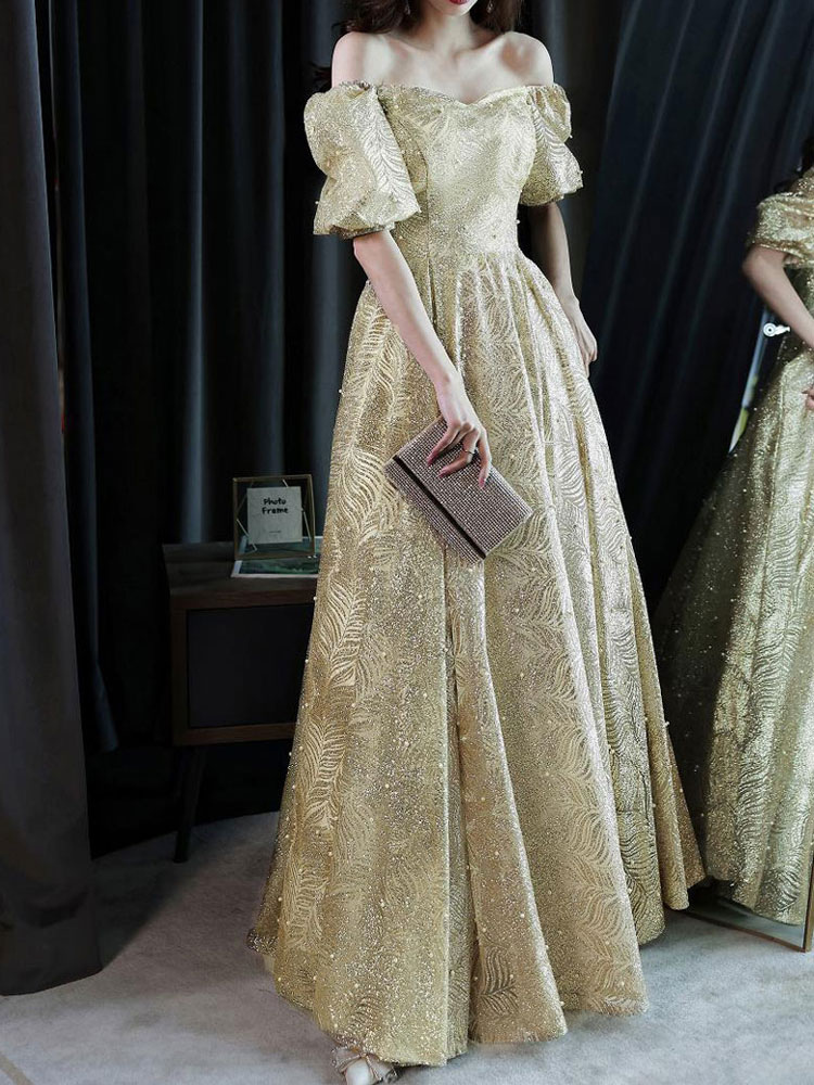 Light Blond Evening Dress A-Line V-Neck Half Sleeves Lace-up Sequined Floor-Length Formal Party Dresses-newarrivaldress
