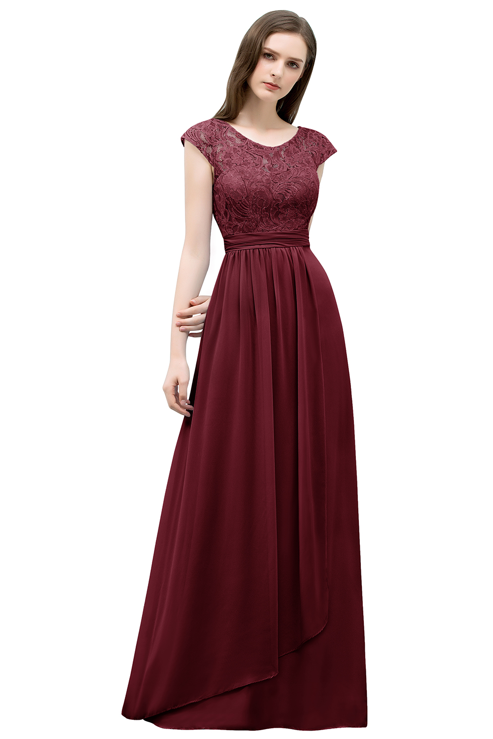 SHIRLEY | A-line Long Cap Sleeves Lace Top Chiffon Bridesmaid Dresses-newarrivaldress