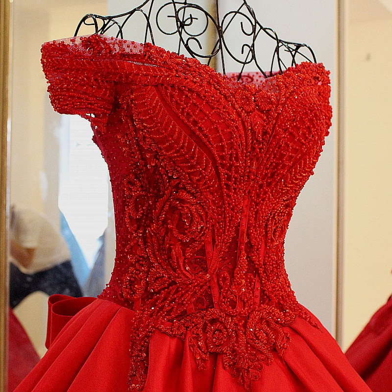 Red Off-the-shoulder Bow Lace-up V-neck Floor Length Evening gown with appliques-newarrivaldress