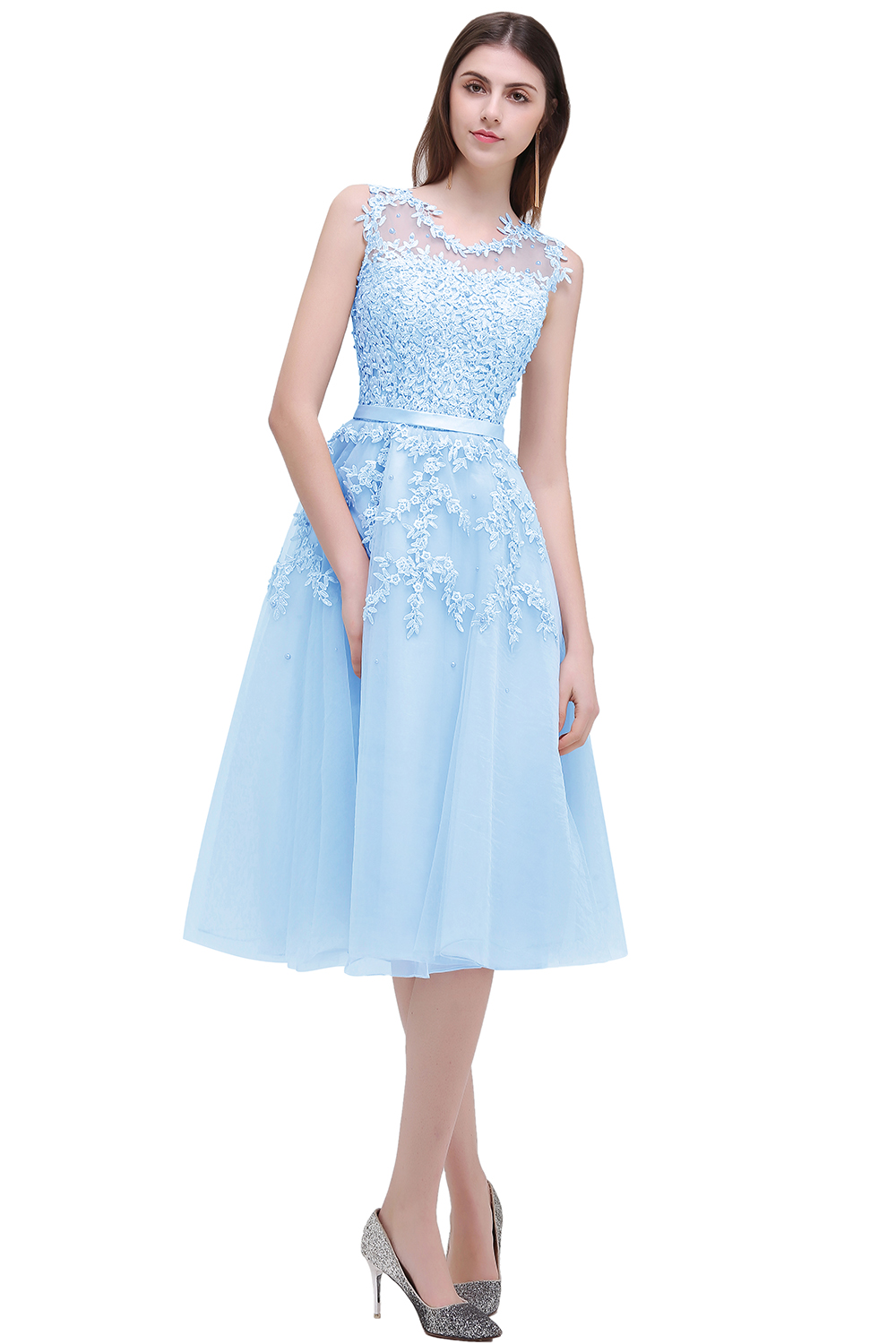 Tea-Length A-line Lace Appliques Beaded Party Dresses Sleeveless Short Homecoming Dresses-newarrivaldress