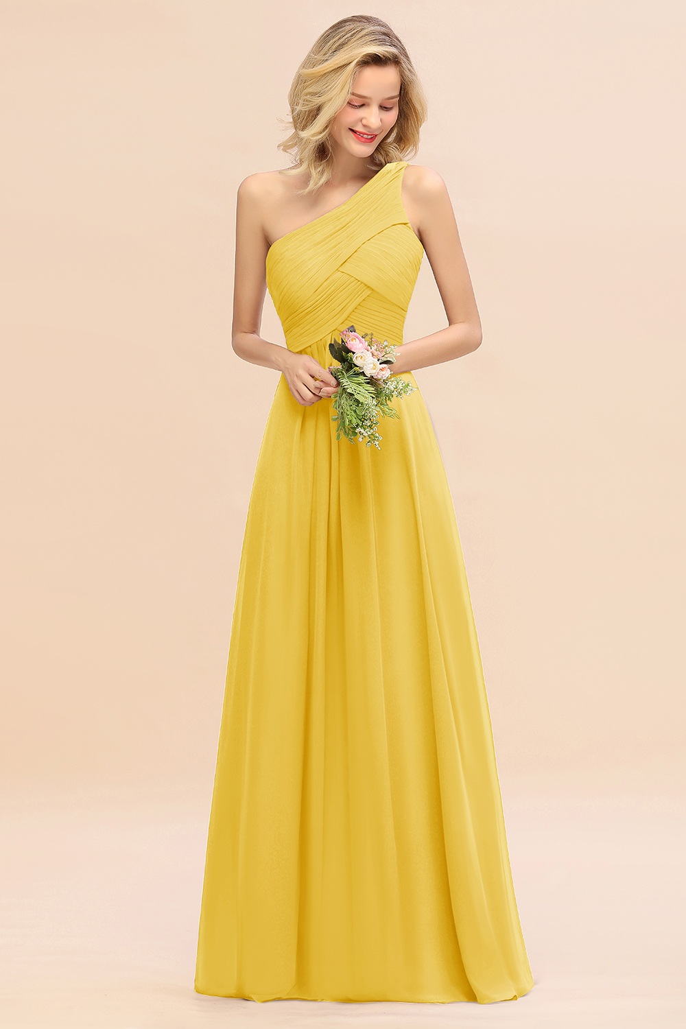 Elegant Ruched Chiffon One Shoulder Bridesmaid Dress Long Sleeveless Evening Dress-newarrivaldress