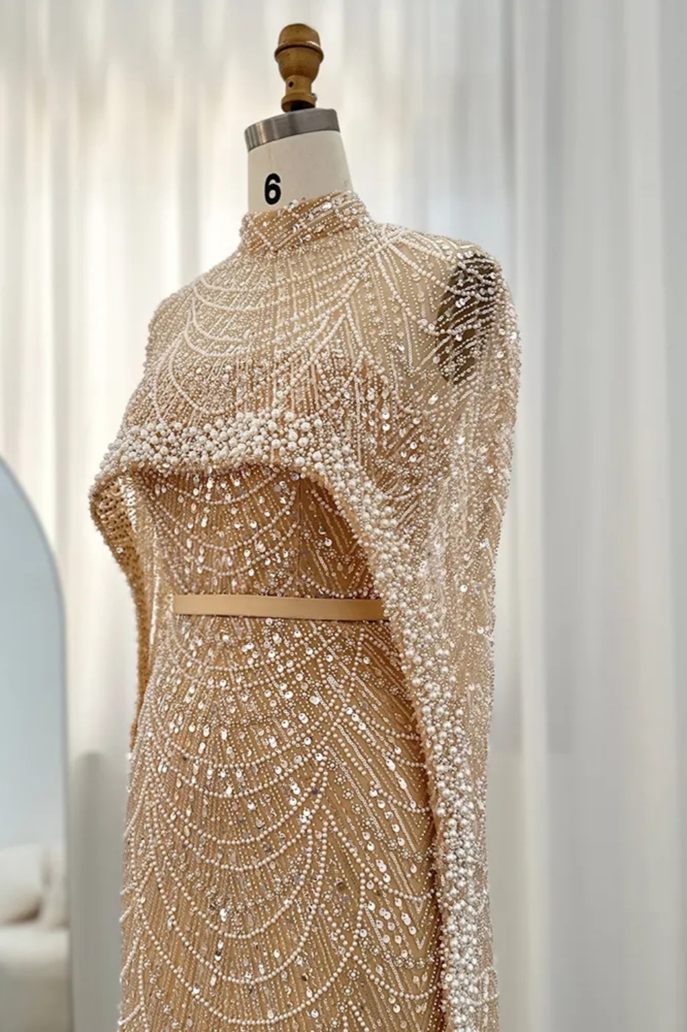 Luxury Sequins Dubai Mermaid Evening Dress with Cape Glitter Pearls Floor Length Party Dress-newarrivaldress