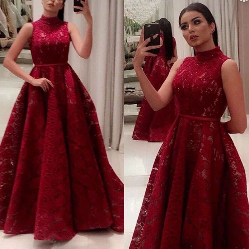 Newest Lace High Neck Red A-line Long Prom Dress-newarrivaldress