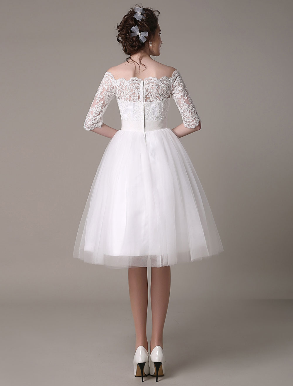 Lace Wedding Dresses 2021 Short Off The Shoulder A Line Knee Length Waist Rhinestone Bridal Dress Exclusive-newarrivaldress