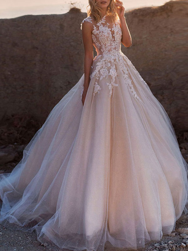 wedding dress bride princess peach A-Line Long Sleeve Backless Bridal Gown WD484 US8 / Champagne a ferocious driver Wedding Dresses 2021 Princess Silhouette