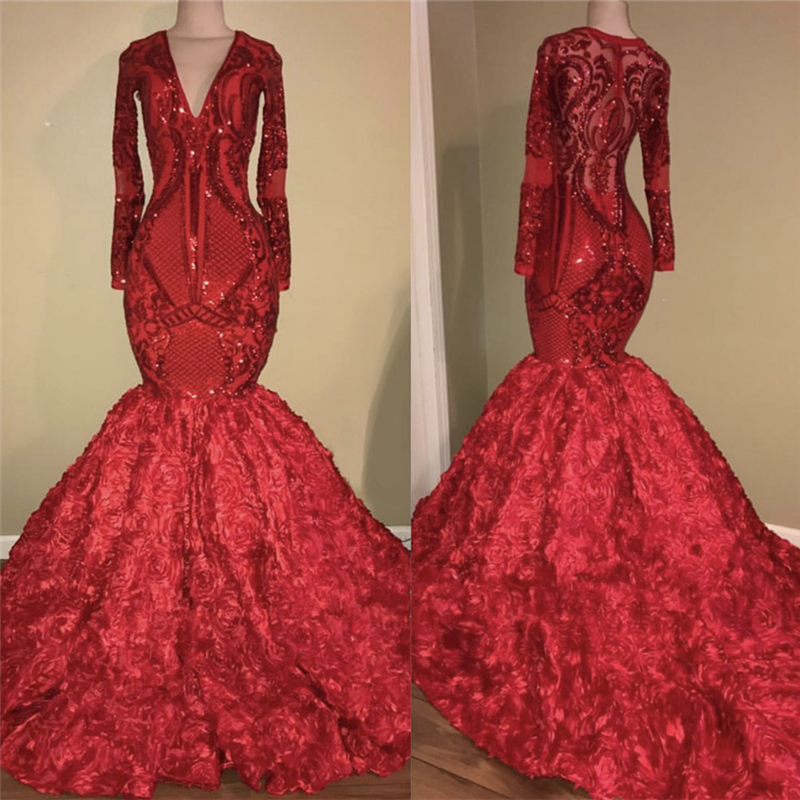 Mermaid Floral Red Long Prom Dresses | Long Sleeve Luxury Sparkly Evening Dresses-newarrivaldress