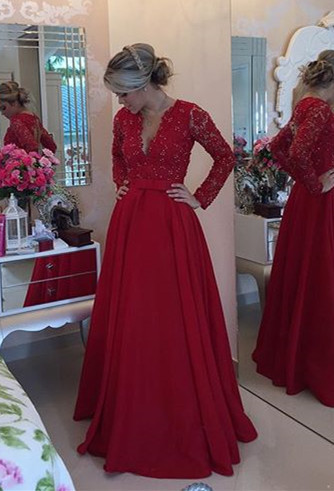 V-Neck Red Long Sleeve Chiffon Prom Dress New Arrival Bowknot Formal Occasion Dress BMT038-newarrivaldress