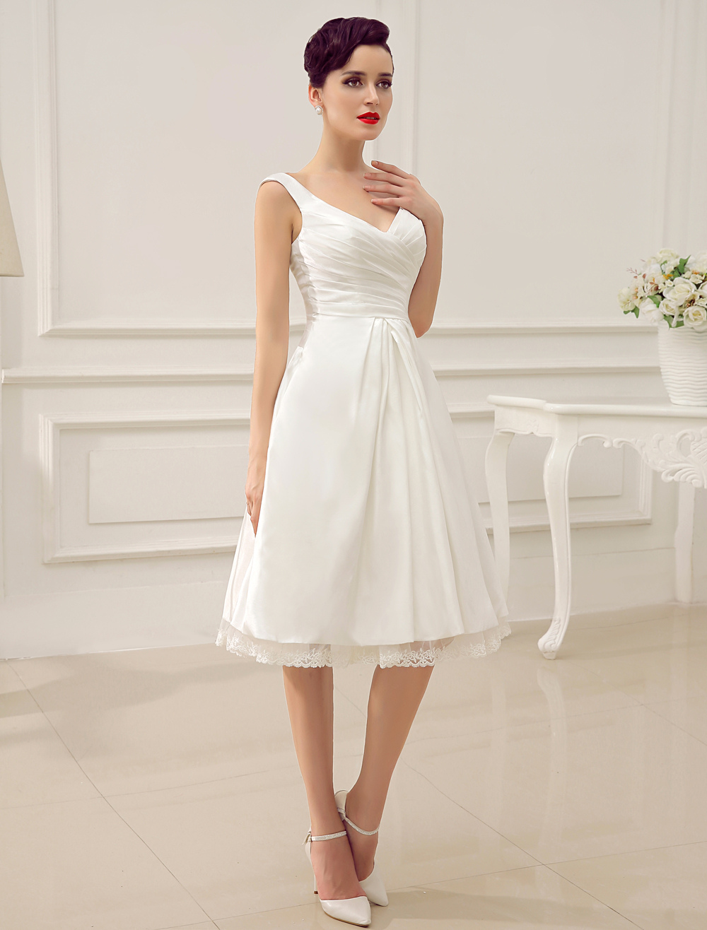 Simple Wedding Dresses Ivory Wedding Dress Knee-Length Backless Straps Lace Bridal Dress Exclusive-newarrivaldress