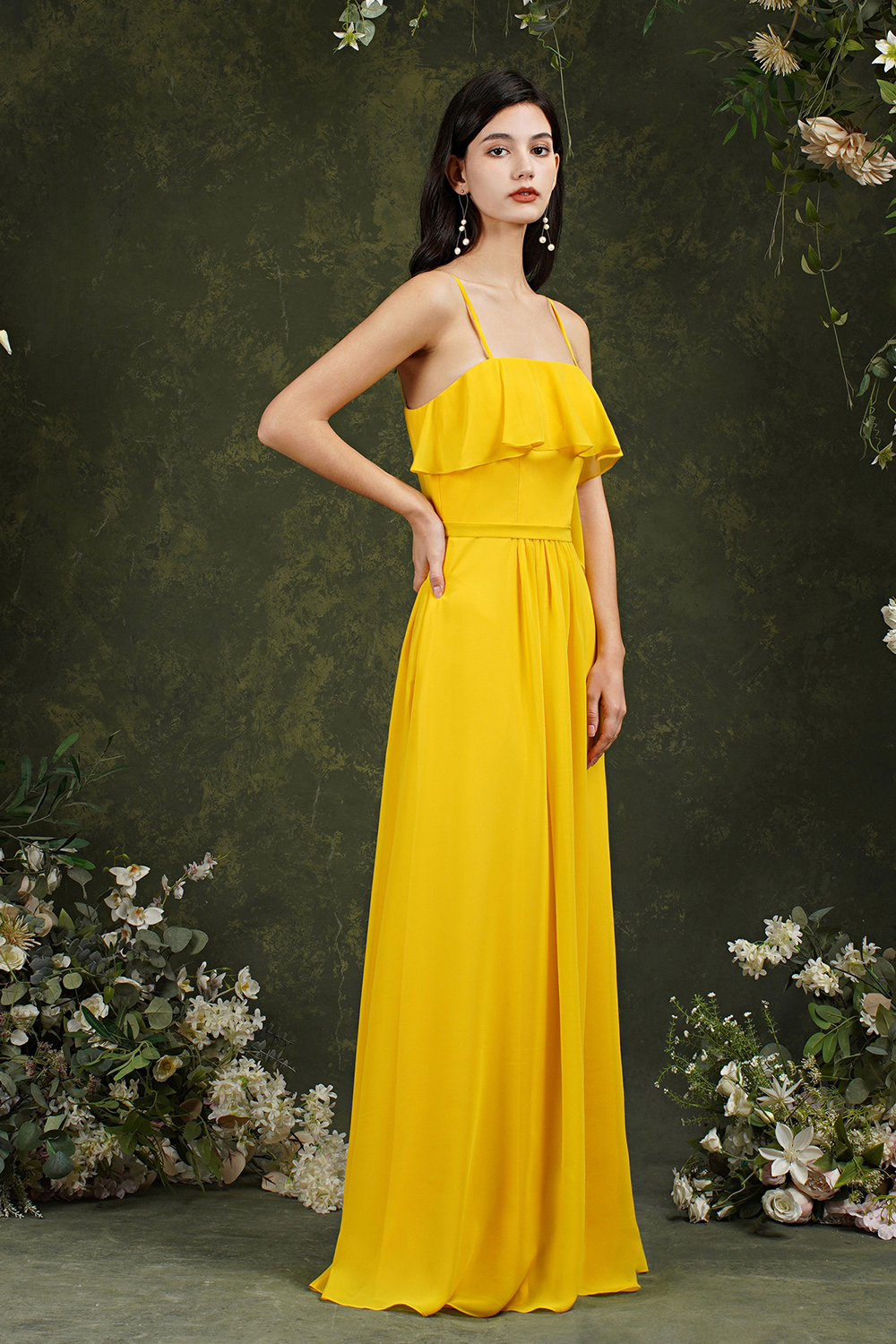 Yellow Ruffles Sleeveless Floor-Length Dress for Wedding Guests-newarrivaldress