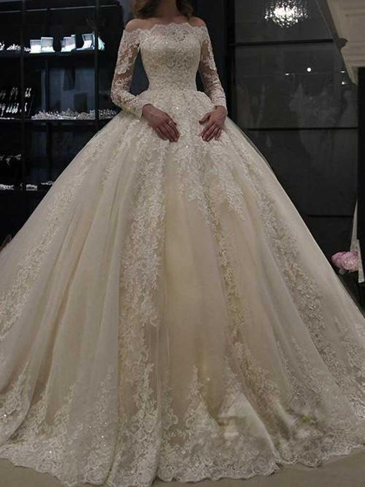 Gorgeous Off Shoulder Long Sleeves ALine Ball Gown Floral Appliques Bridal Dress-newarrivaldress