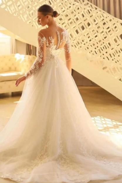 Scoop Neck White Aline Wedding Dresses with Sleeves Simple Tulle Lace Bridal Dress-newarrivaldress
