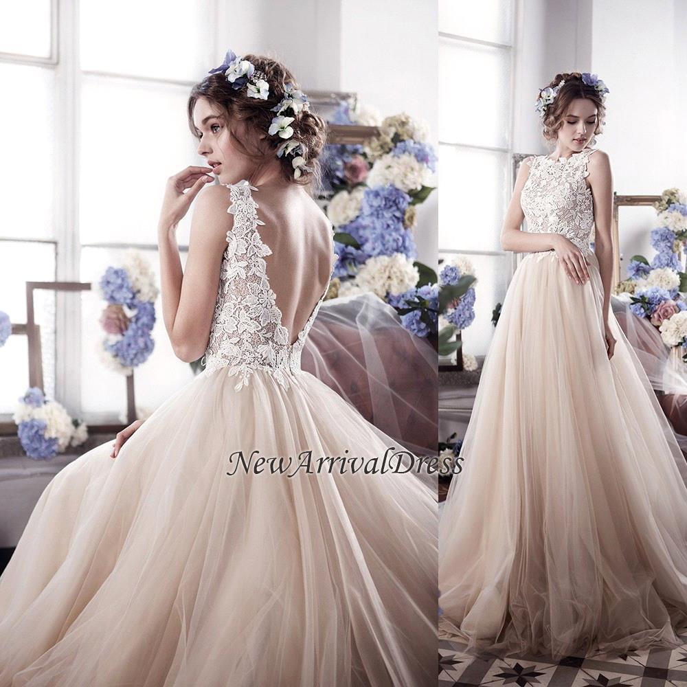 Romantic Fluffy Tulle Sleeveless Vintage Lace Open Back Sexy Wedding Dresses-newarrivaldress