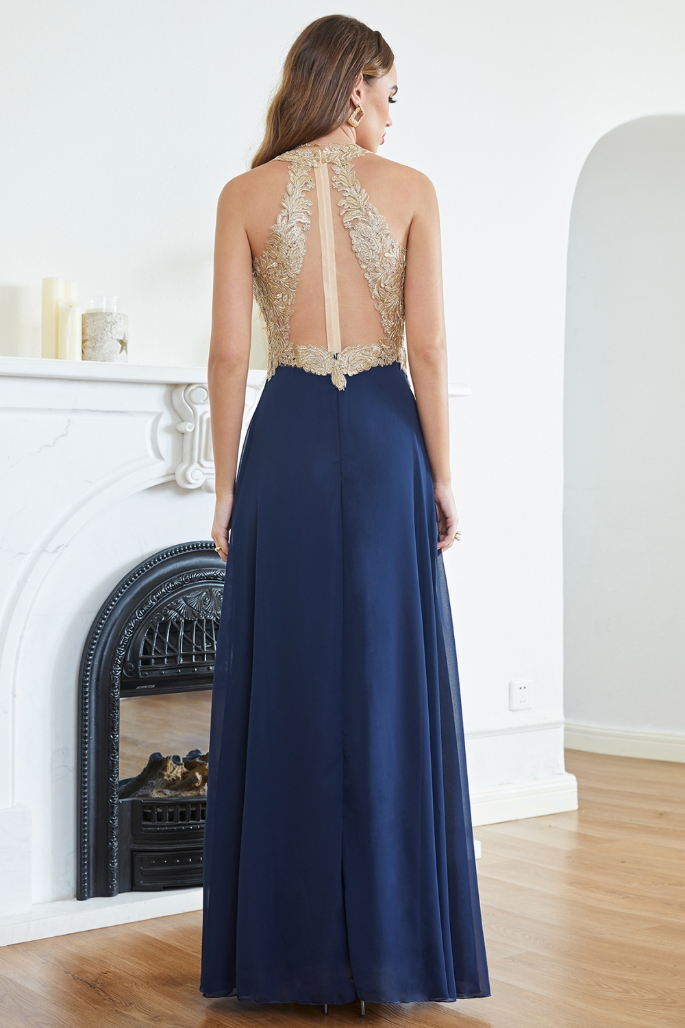 Chiffon Long Evening Dress Sleeveless Gold Appliques Floor Length Bridesmaid Dress V-neck-newarrivaldress