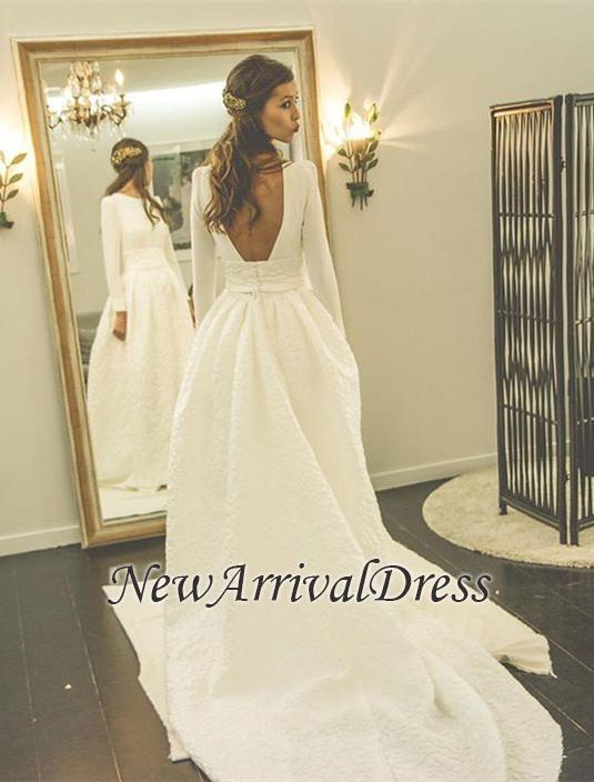 Sweep Train Open Back Satin Bridal Gowns | Long Sleeve Wedding Dresses-newarrivaldress