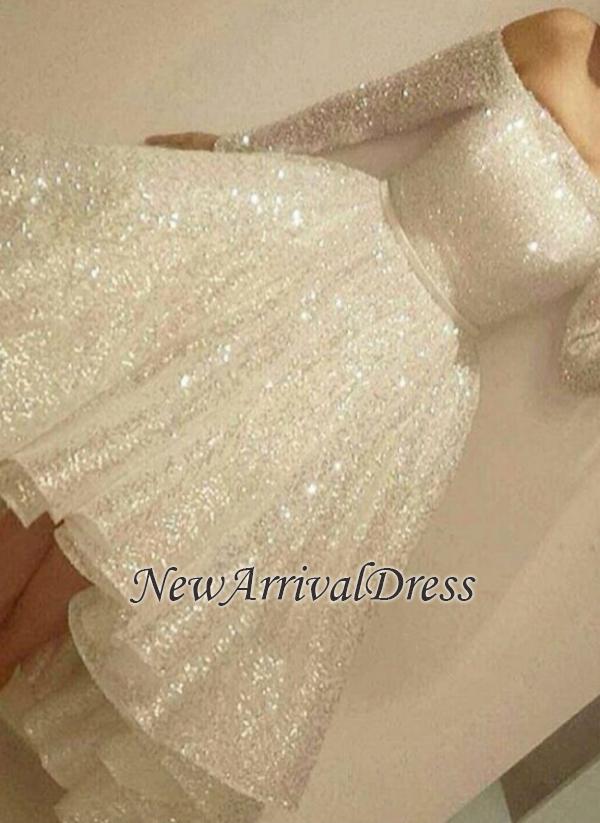 Bling Short Tiers-Skirt Long-Sleeves Off-the-Shoulder Prom Dresses-newarrivaldress