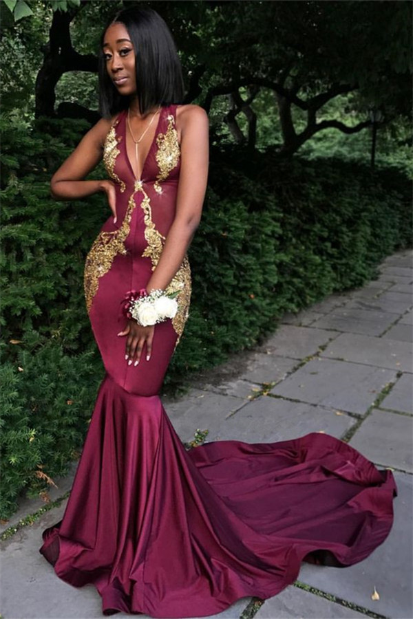 Sexy Burgundy V-Neck Sleeveless Prom Dresses | Long Mermaid Appliques Formal Dresses SK0093-newarrivaldress