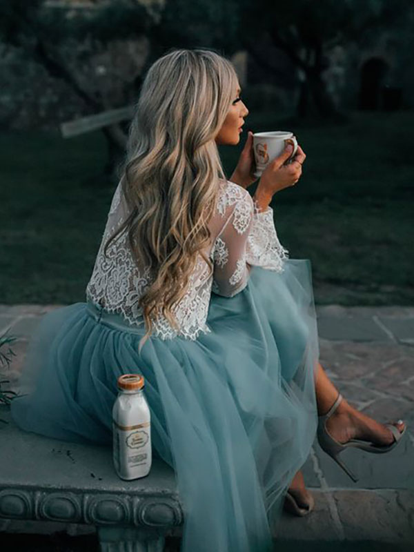 Blue Simple Wedding Dress A Line Designed Neckline Lace Tulle Bridal Gowns-newarrivaldress