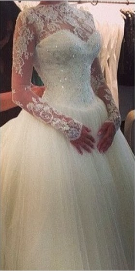 High Neck Lace Custom Made Ball Gown Wedding Dresses | Beading Crystals Long Sleeve Bridal Gowns-newarrivaldress