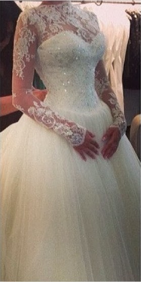 High Neck Lace Custom Made Ball Gown Wedding Dresses | Beading Crystals Long Sleeve Bridal Gowns-newarrivaldress