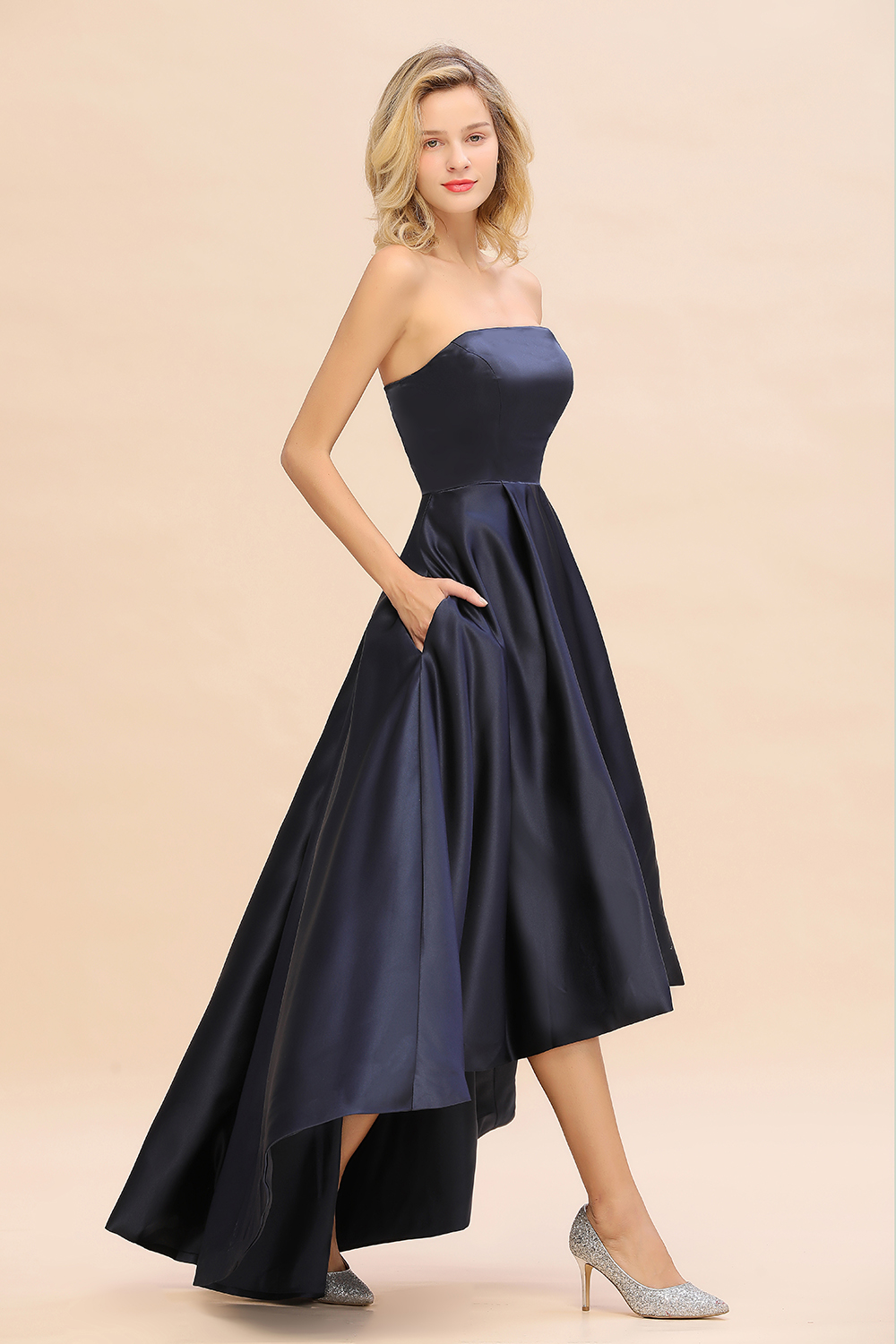 Strapless Satin Hi-Lo Bridesmaid dresses Simple Asymmetrical Length Party Dress-newarrivaldress