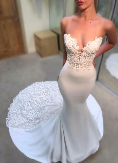 Simple Lace Appliques Mermaid Wedding Dresses | Sexy Sleeveless Long Court Train Bridal Gowns-newarrivaldress