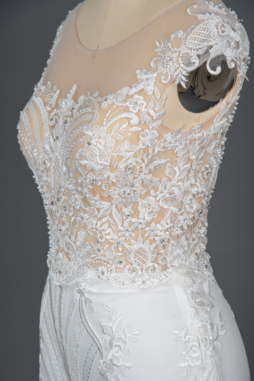 Charming Cap Sleeve Mermaid Wedding Dress White Tulle Lace Appliques with Detachable Sweep Train-newarrivaldress