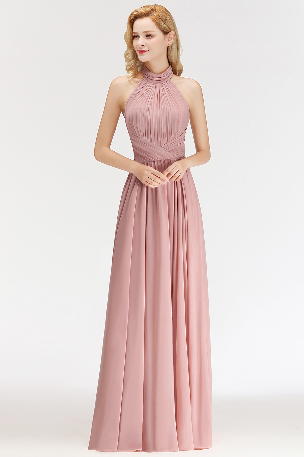 Sleeveless A-line Fashion Floor-length Chiffon Backless Halter Bridesmaid Dress-newarrivaldress