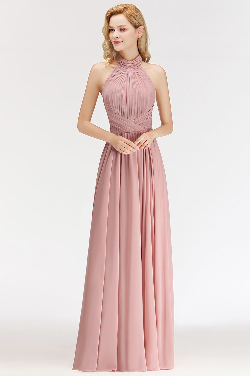 Sleeveless A-line Fashion Floor-length Chiffon Backless Halter Bridesmaid Dress-newarrivaldress