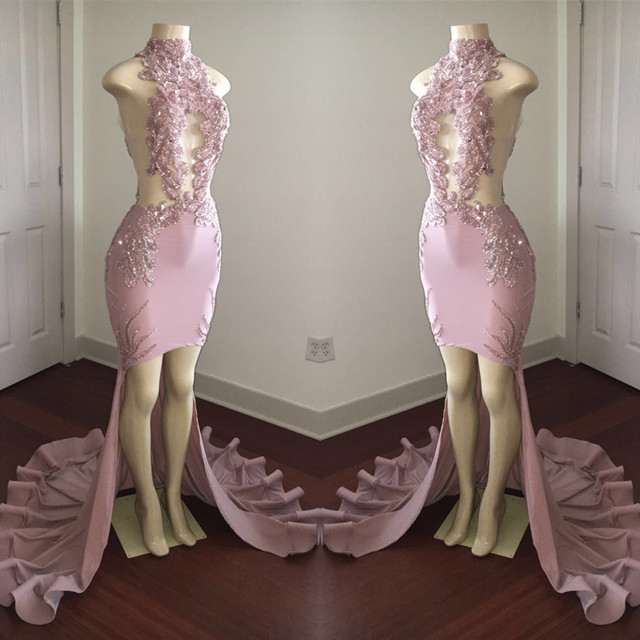 Modest High Neck Lace Appliques Prom Dresses | Front Split Prom Dresses-newarrivaldress