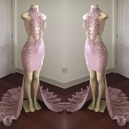 Modest High Neck Lace Appliques Prom Dresses | Front Split Prom Dresses-newarrivaldress