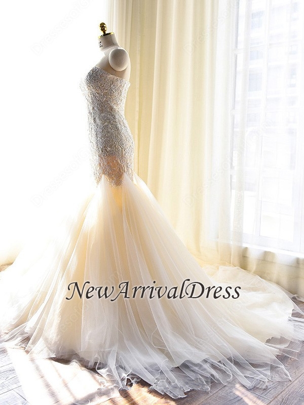 Gorgeous Beautiful Lace Appliques Tulle Mermaid Sweetheart Wedding Dresses-newarrivaldress