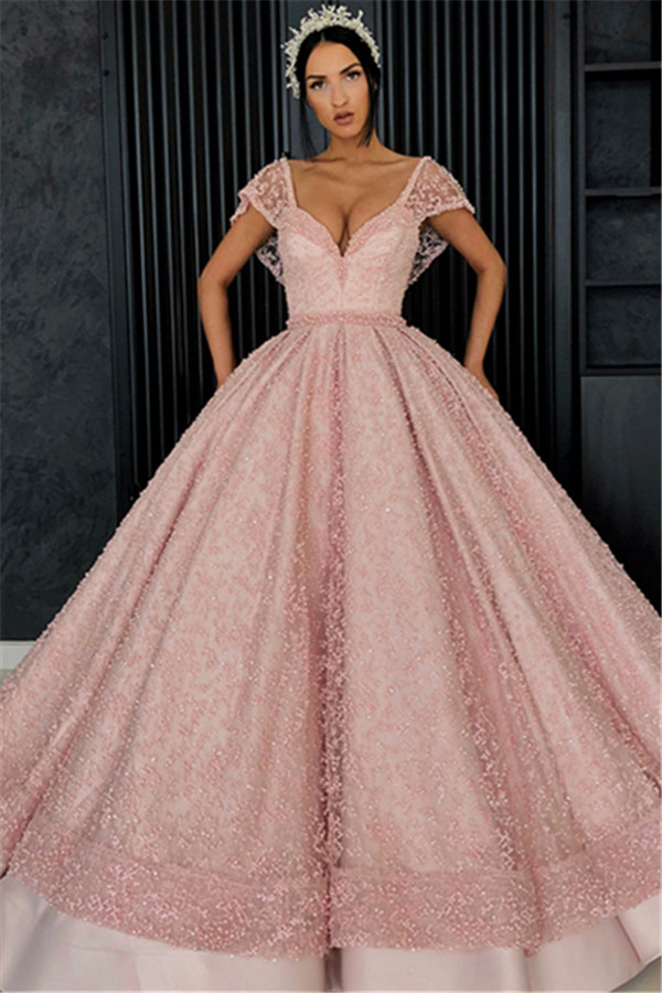Beading V-Neck Cap-Sleeves Prom Dress-newarrivaldress