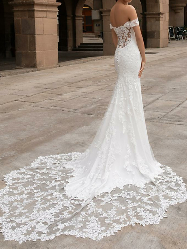 Dreamy Off Shoulder Mermaid Wedding Gowns Trumpt Train-newarrivaldress