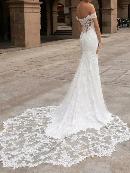 Dreamy Off Shoulder Mermaid Wedding Gowns Trumpt Train-newarrivaldress