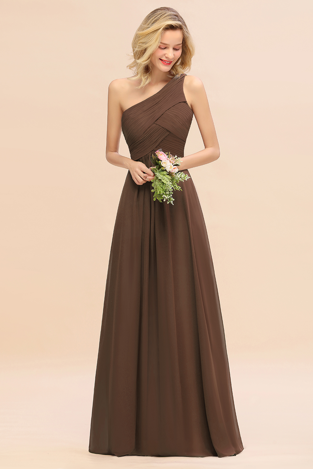 Elegant Ruched Chiffon One Shoulder Bridesmaid Dress Long Sleeveless Evening Dress-newarrivaldress