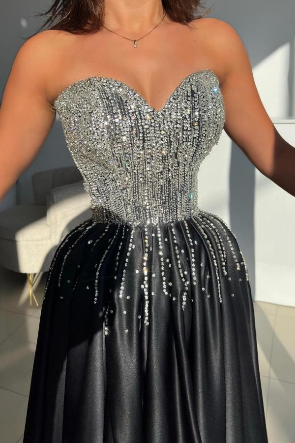 Sweetheart Glitter Sequins Aline Prom Dress Front Slit Satin Evening Dress Strapless-newarrivaldress