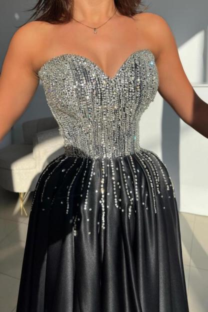 Sweetheart Glitter Sequins Aline Prom Dress Front Slit Satin Evening Dress Strapless-newarrivaldress