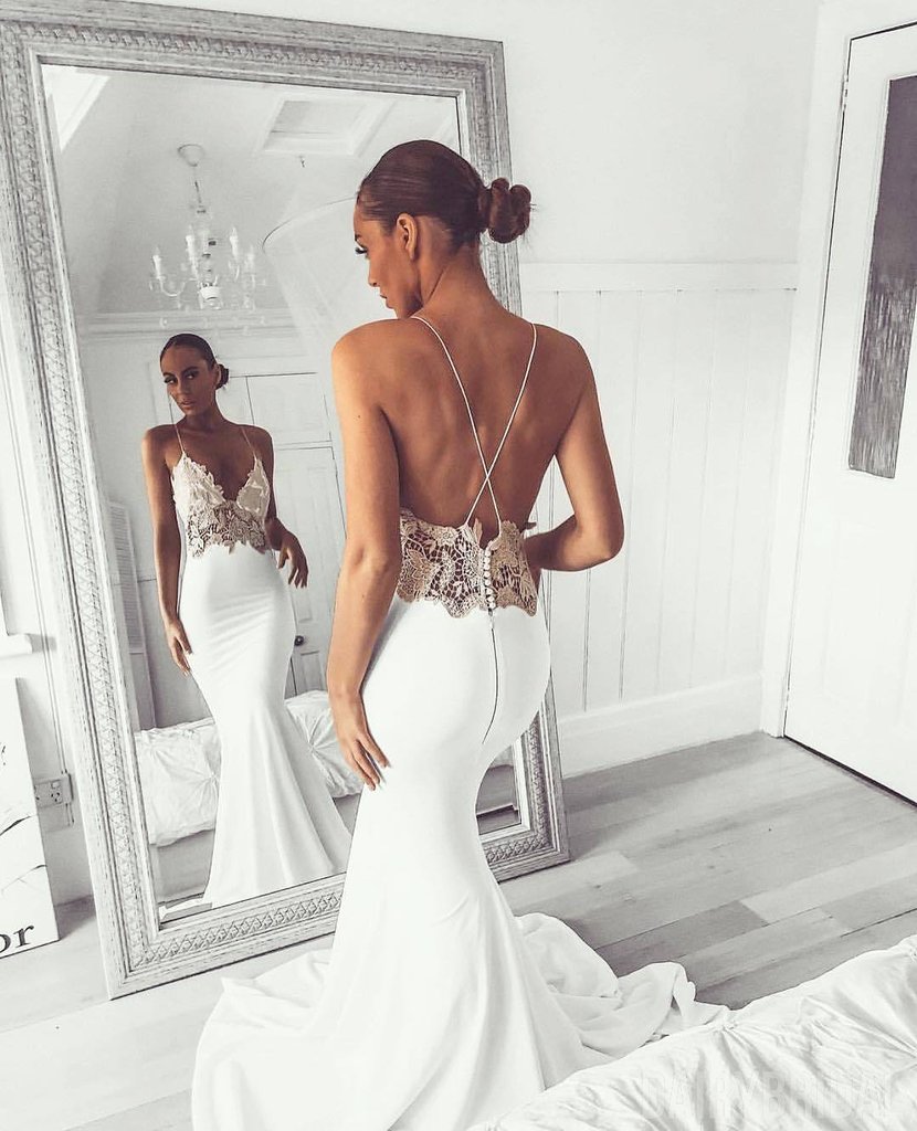 New Arrival Spaghetti Straps Open Back Appliques Sexy Mermaid Wedding Dresses-newarrivaldress