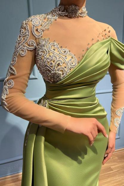 Stunning High Neck Off Shoulder Crystals Ruched Satin Long Evening Gown with Sleeves-newarrivaldress