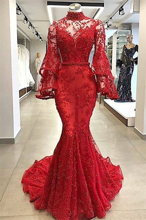 Gorgeous Red High Neck Sheer Tulle Long Sleeve Beads Mermaid Long Prom Dresses-newarrivaldress