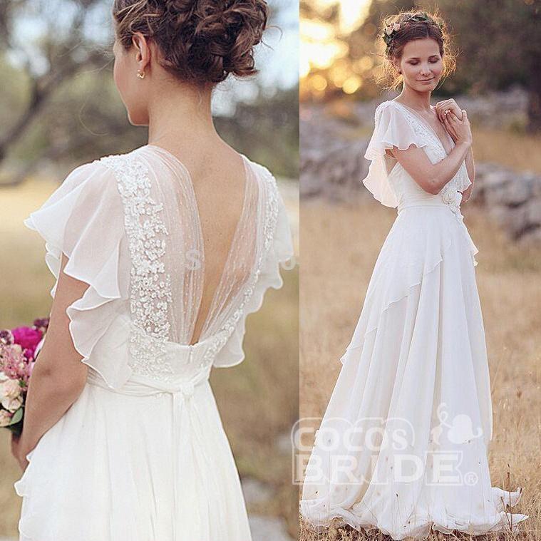 V Neck Chiffon Boho Unique Cap Sleeves Beach Wedding Dress-newarrivaldress