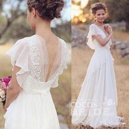 V Neck Chiffon Boho Unique Cap Sleeves Beach Wedding Dress-newarrivaldress