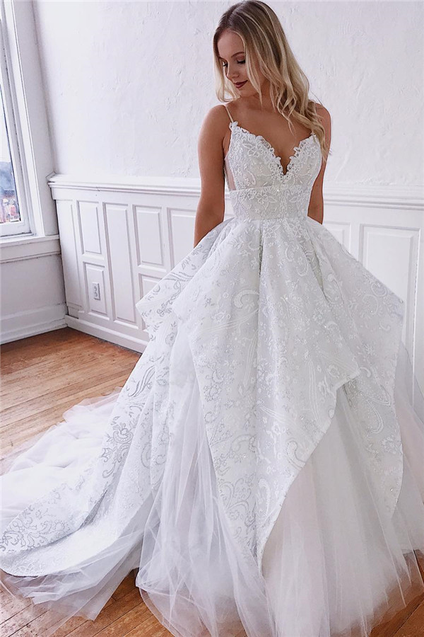 Spaghetti Straps Ruffles Wedding Dresses | Appliques Lace Puffy Bridal Gowns Online-newarrivaldress