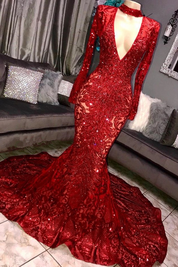 Glamorous Mermaid Long Sleeve Deep V-neck Lace Appliques Long Prom Dresses-newarrivaldress